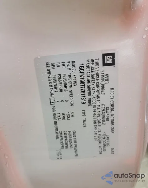 2007 Chevrolet Silverado K1500 z USA, uszkodzony, nr VIN 1GCEK19077Z611819